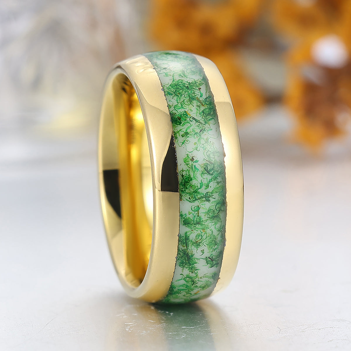 Crushed Moss Agate Tungsten Carbide Ring 8mm Green Gemstone And Yellow Gold Tungsten Band