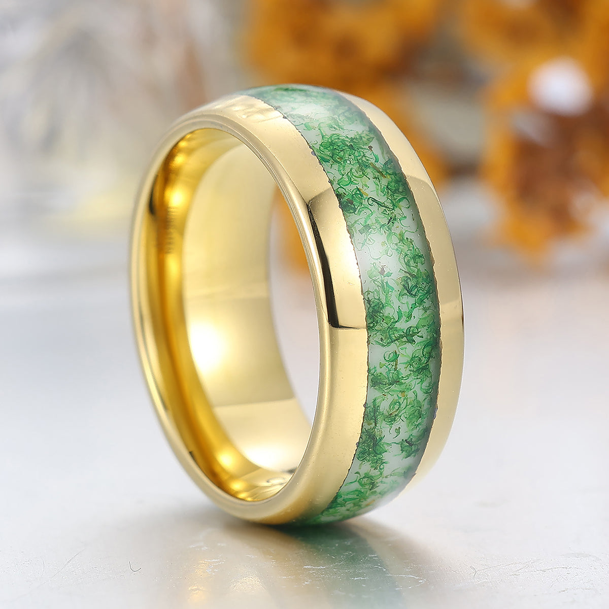 Crushed Moss Agate Tungsten Carbide Ring 8mm Green Gemstone And Yellow Gold Tungsten Band