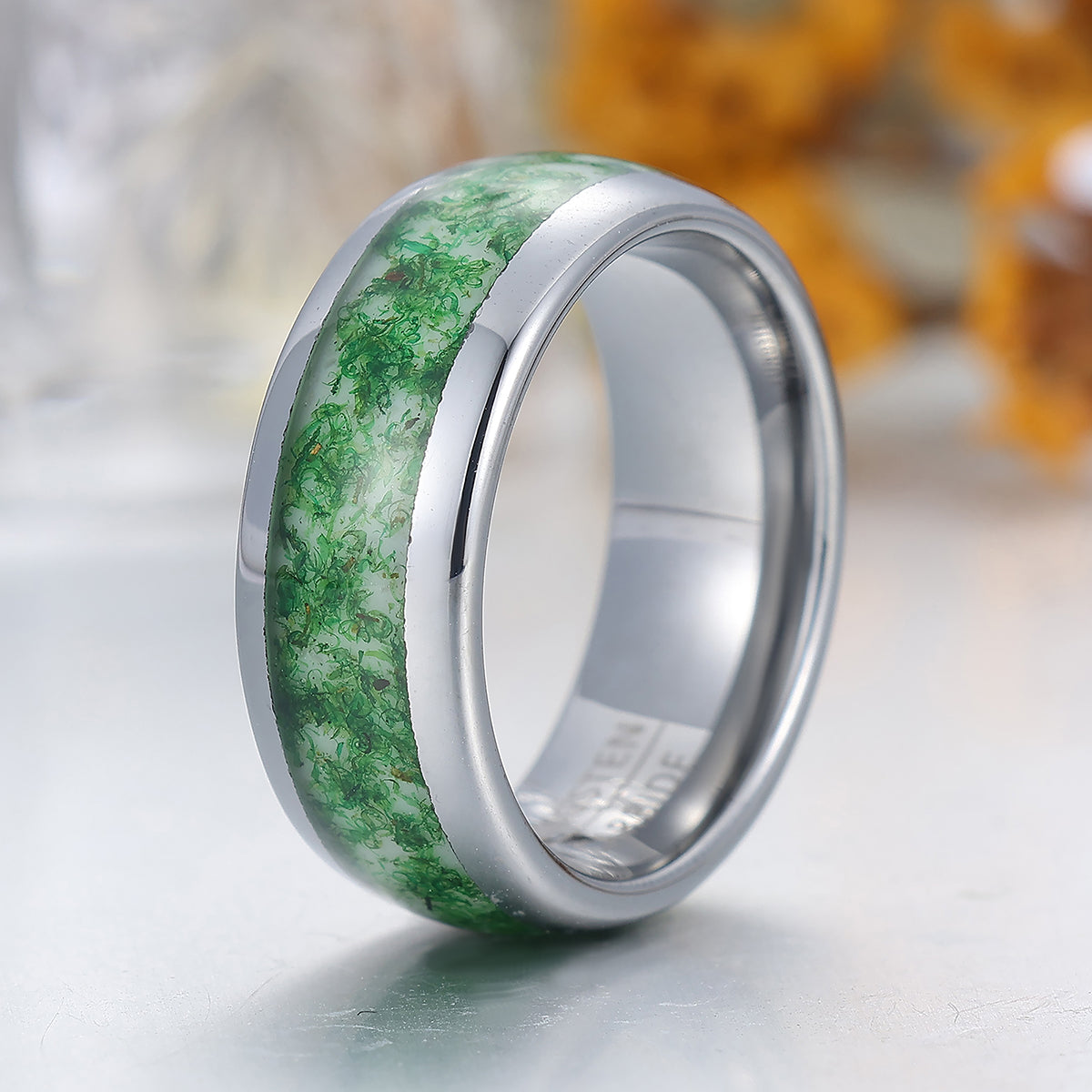 Green Moss Agate Inlaid Men's Tungsten Ring 8mm Wide Silver Plated Tungsten Band