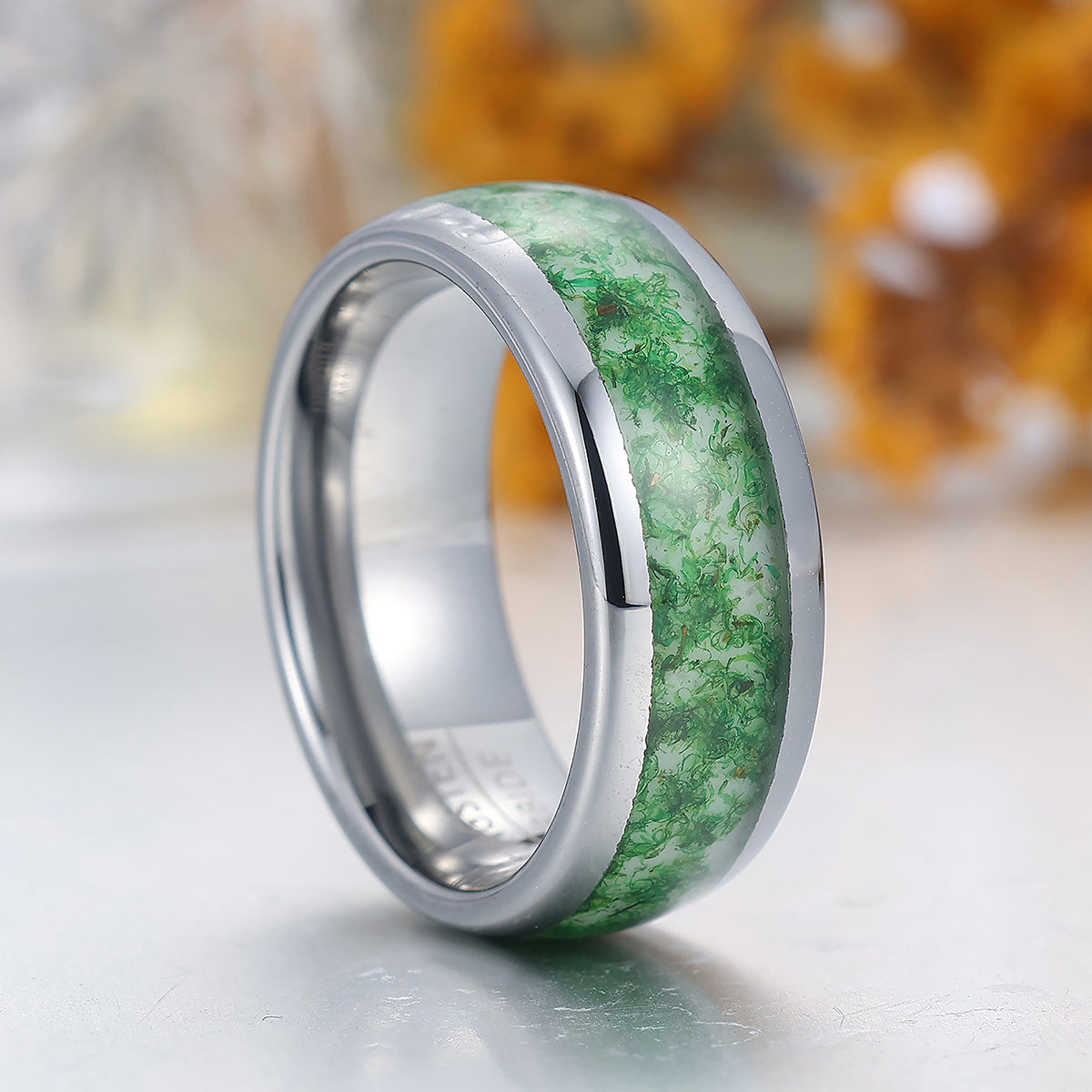 Green Moss Agate Inlaid Men's Tungsten Ring 8mm Wide Silver Plated Tungsten Band