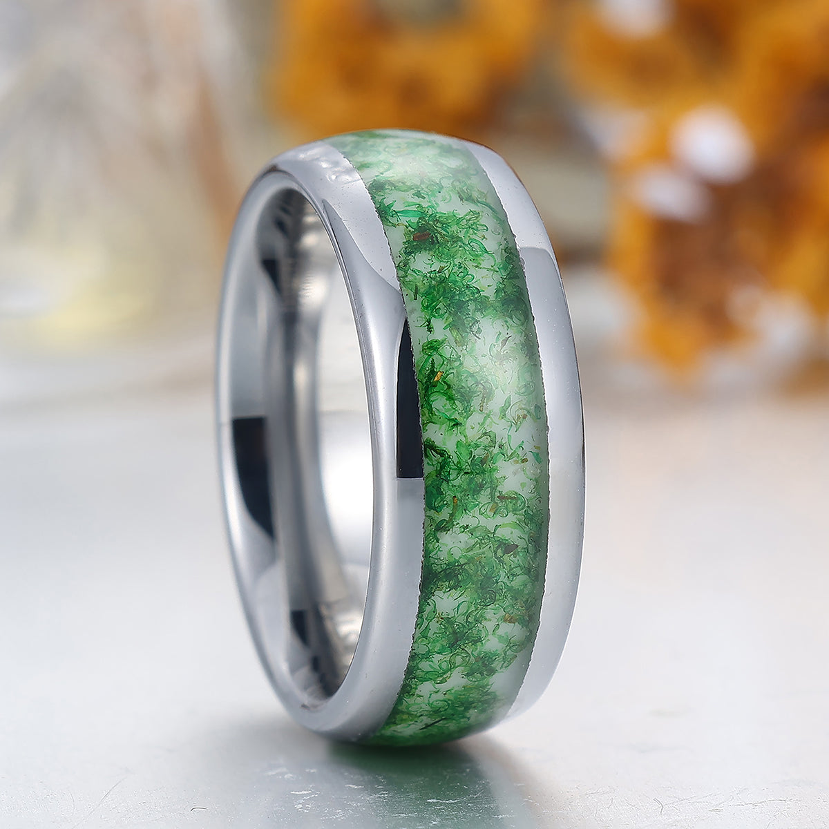 Green Moss Agate Inlaid Men's Tungsten Ring 8mm Wide Silver Plated Tungsten Band