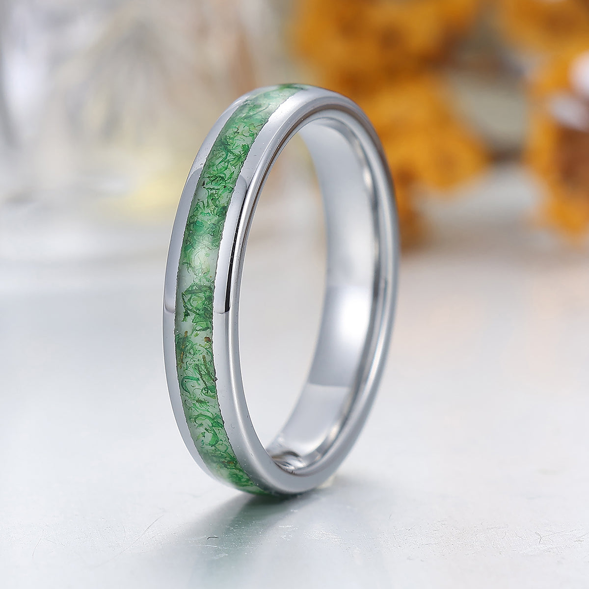 4mm Green Moss Agate Tungsten Unsex Ring Silver Plated Polished Dome Tungsten Band