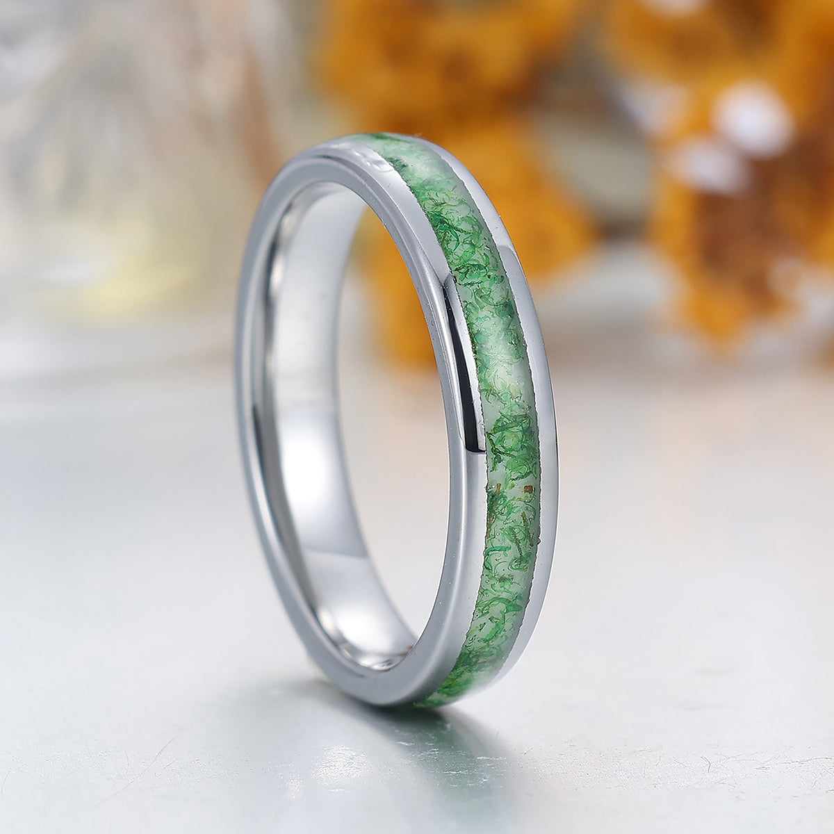 4mm Green Moss Agate Tungsten Unsex Ring Silver Plated Polished Dome Tungsten Band