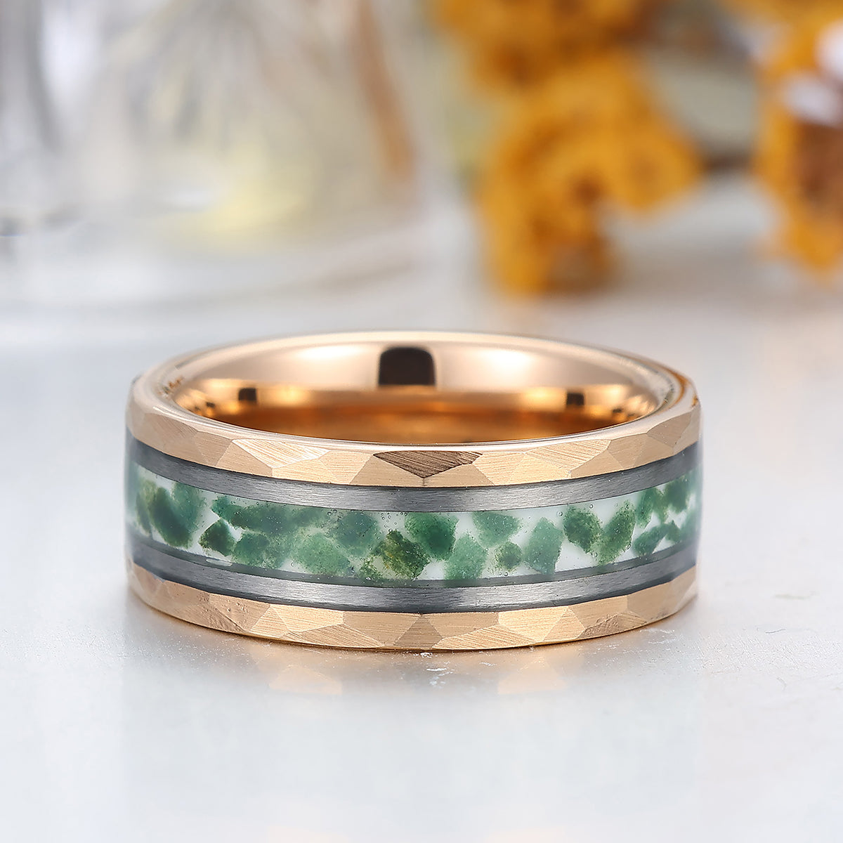 8mm Moss Agate Tungsten Men’ s Band Rose Gold Hammered Ring Green Gemstone Ring