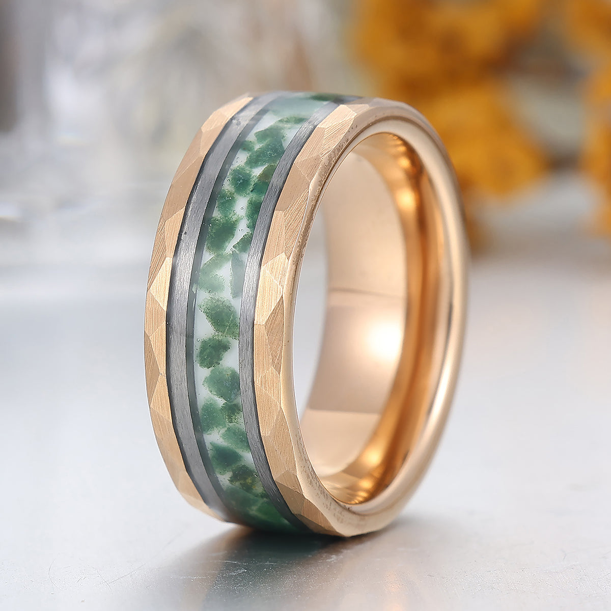 8mm Moss Agate Tungsten Men’ s Band Rose Gold Hammered Ring Green Gemstone Ring