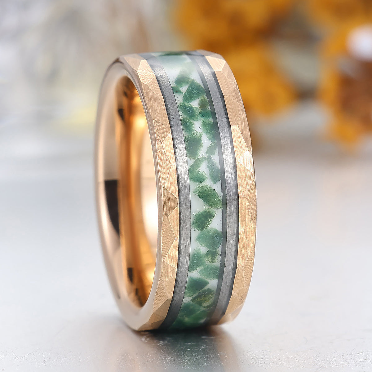 8mm Moss Agate Tungsten Men’ s Band Rose Gold Hammered Ring Green Gemstone Ring