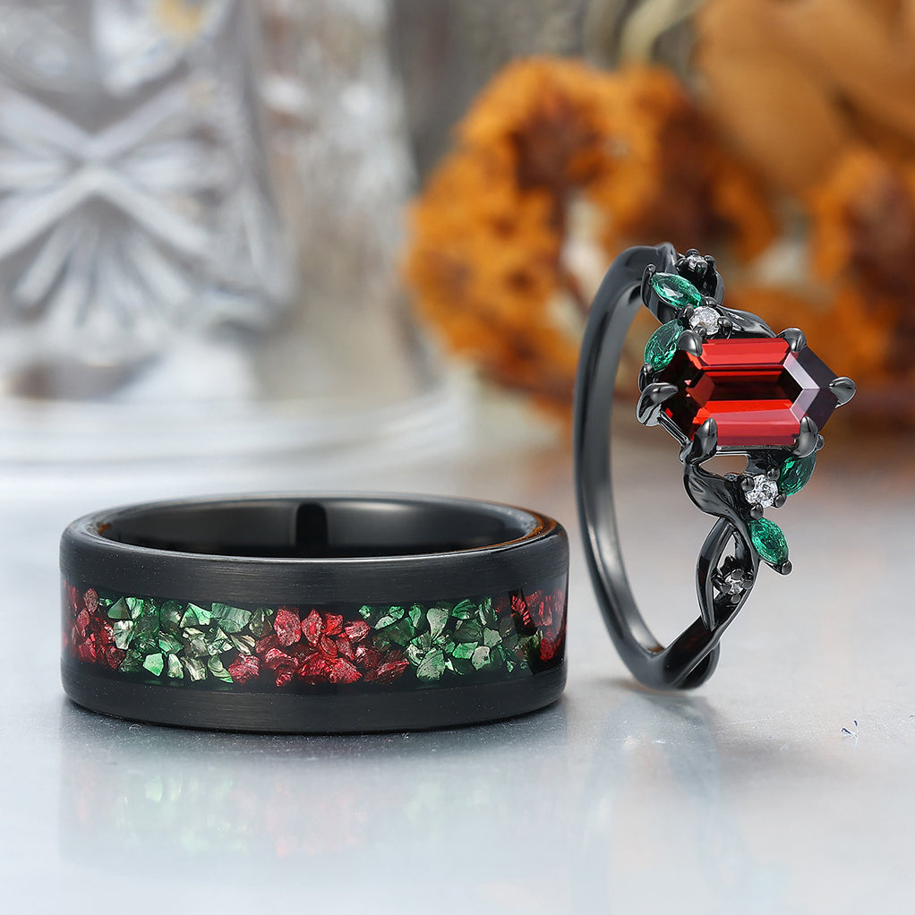 Unique Vine-Wrapped Red Garnet with Emerald Leaf Design Engagement Couple Rings Personalized Couples' Set
