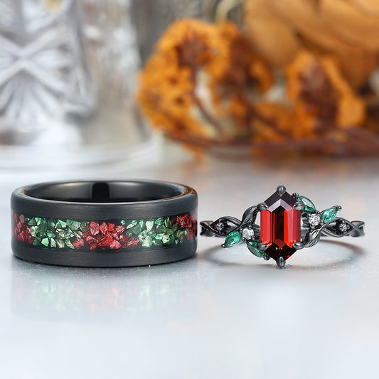 Unique Vine-Wrapped Red Garnet with Emerald Leaf Design Engagement Couple Rings Personalized Couples' Set