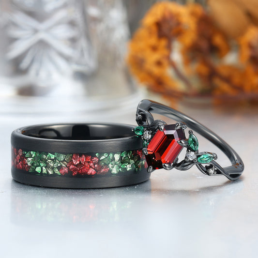 Unique Vine-Wrapped Red Garnet with Emerald Leaf Design Engagement Couple Rings Personalized Couples' Set
