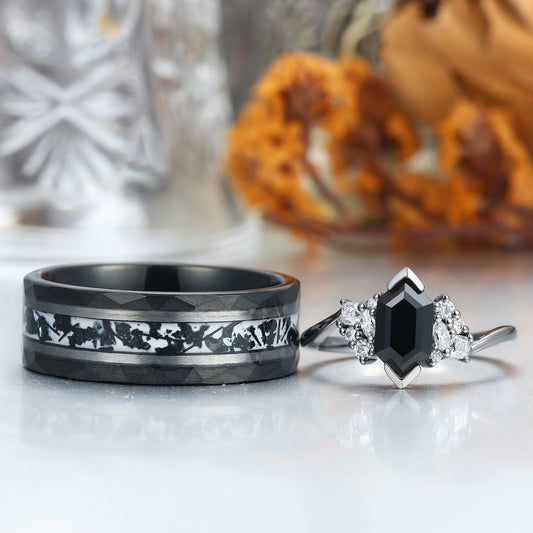 Noble Natural Black Onyx Accents Engagement Couples Ring Promise Wedding Bands For Men And Women
