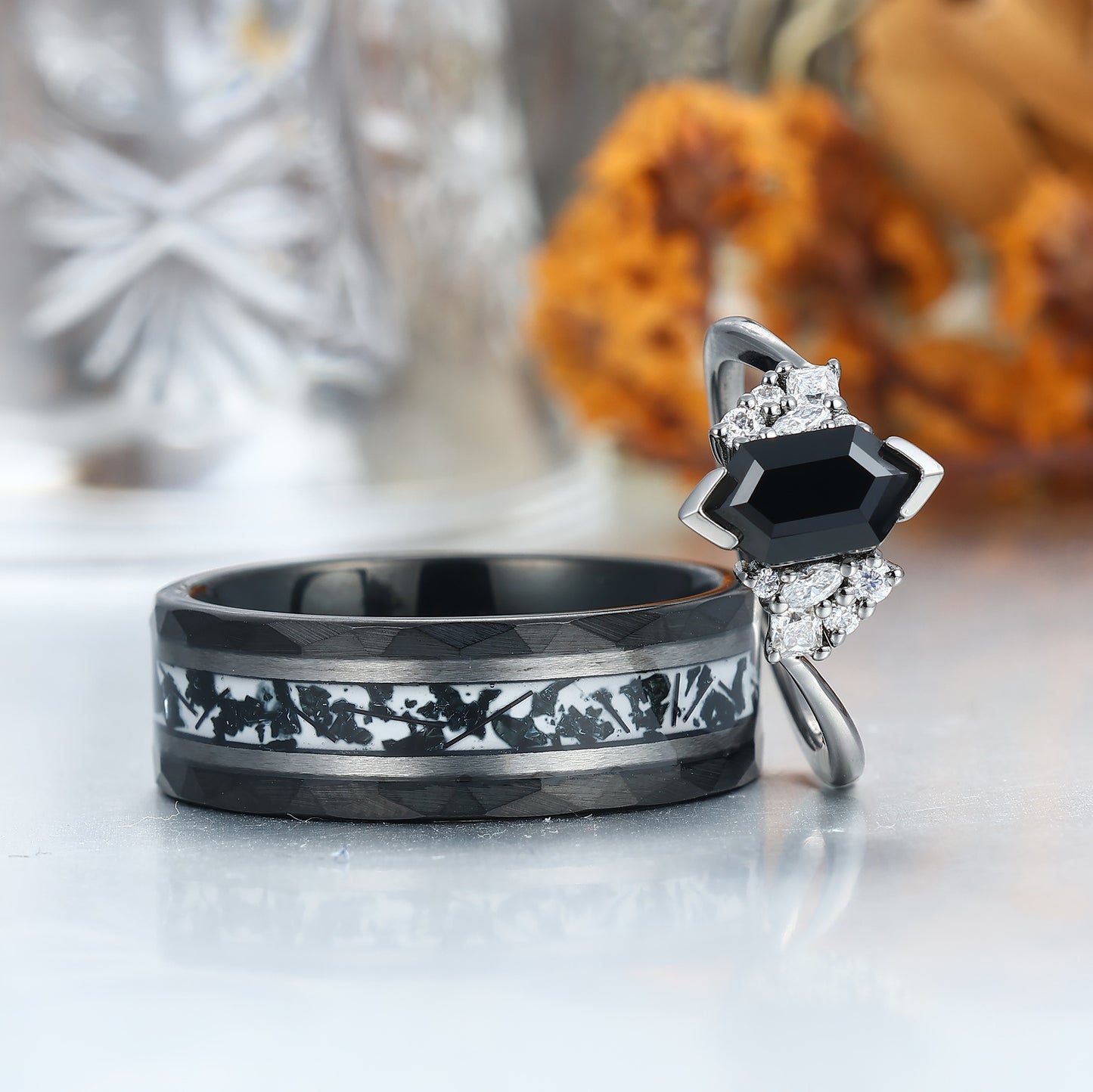 Noble Natural Black Onyx Accents Engagement Couples Ring Promise Wedding Bands For Men And Women