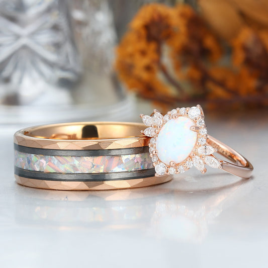 Retro Oval Pink White Opal Engagement Couple Rings Matching Tungsten His and Hers Wedding Promise Band