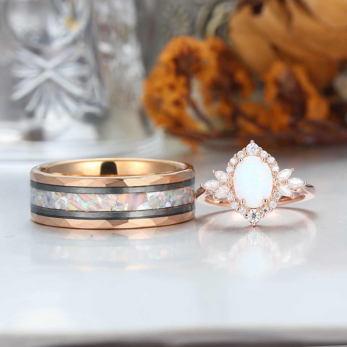 Retro Oval Pink White Opal Engagement Couple Rings Matching Tungsten His and Hers Wedding Promise Band