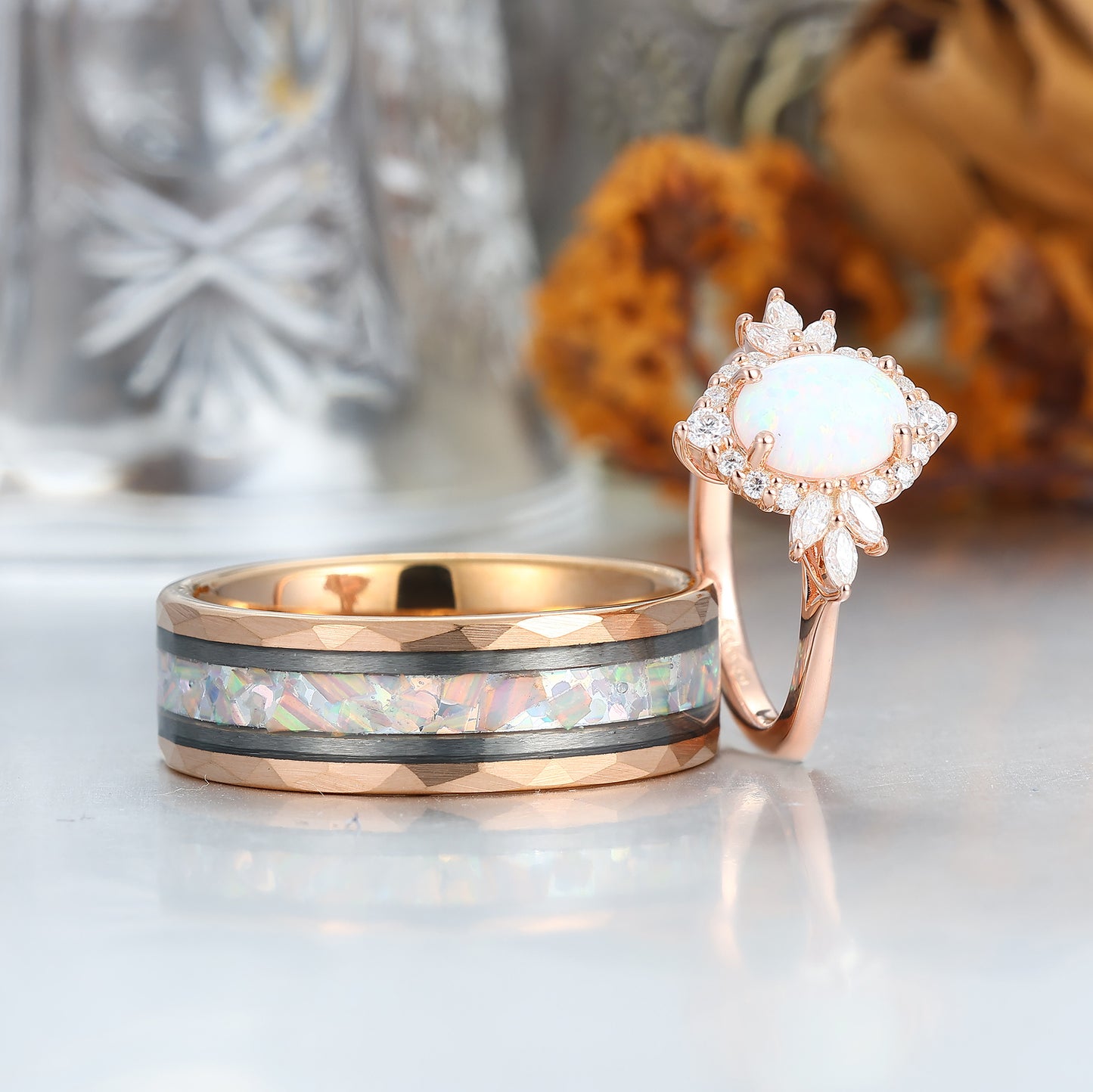 Retro Oval Pink White Opal Engagement Couple Rings Matching Tungsten His and Hers Wedding Promise Band