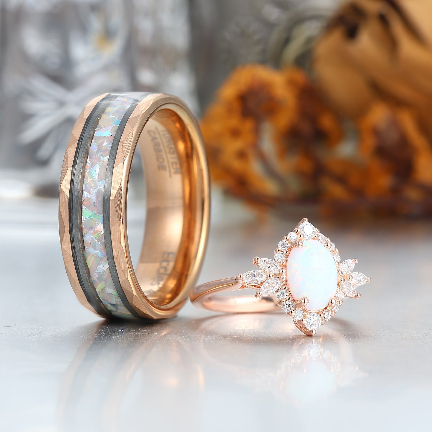 Retro Oval Pink White Opal Engagement Couple Rings Matching Tungsten His and Hers Wedding Promise Band