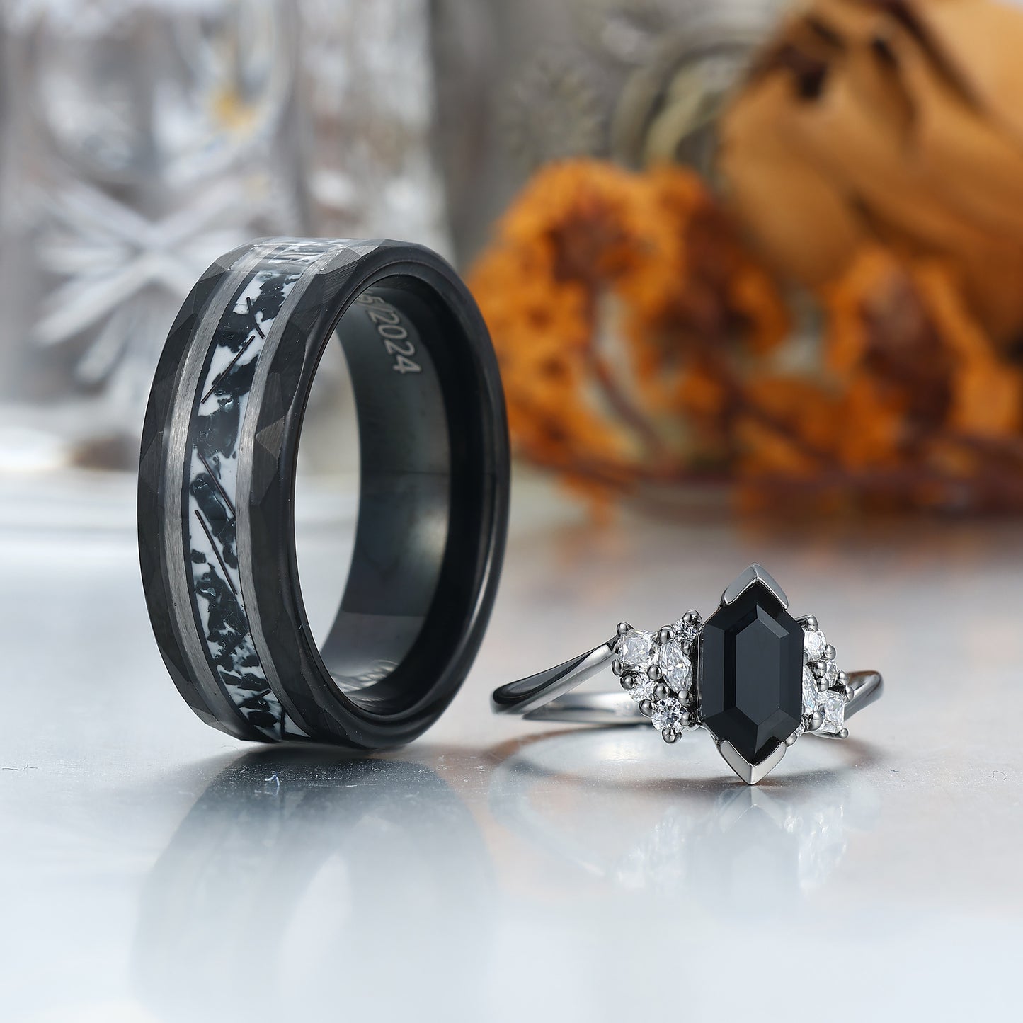 Noble Natural Black Onyx Accents Engagement Couples Ring Promise Wedding Bands For Men And Women
