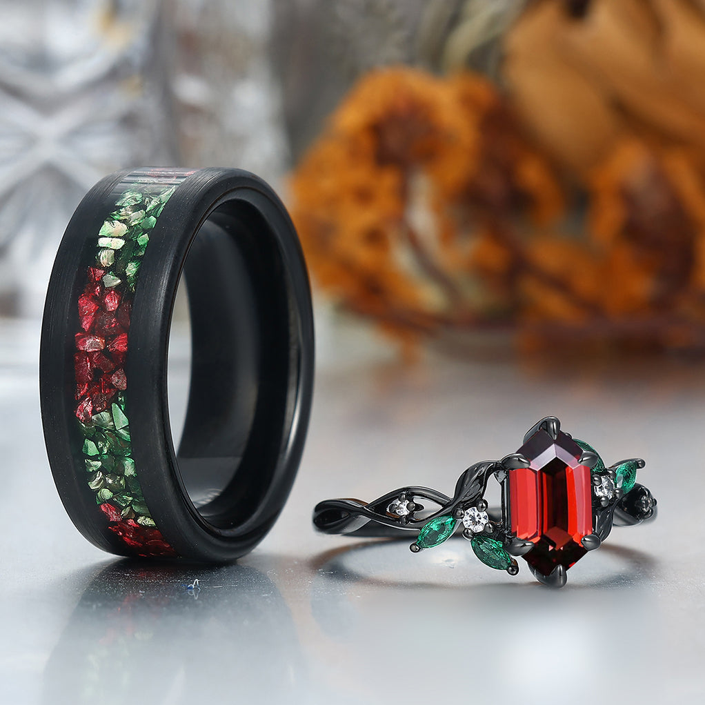 Unique Vine-Wrapped Red Garnet with Emerald Leaf Design Engagement Couple Rings Personalized Couples' Set
