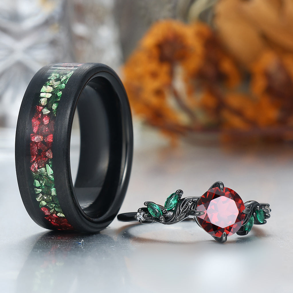 Artistic Red Garnet Textured Branches Couples Ring Set Tungsten His and Hers Wedding Band