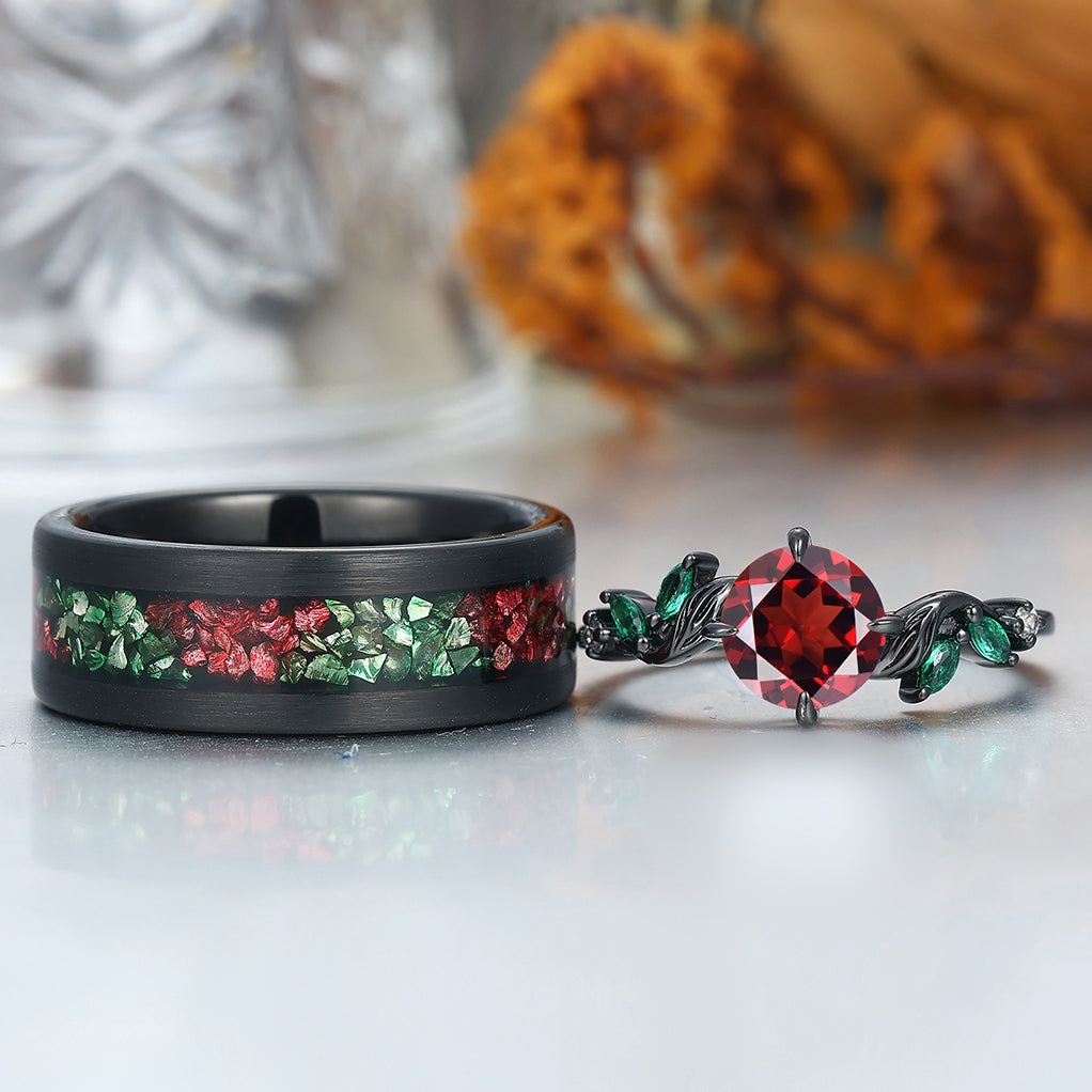 Artistic Red Garnet Textured Branches Couples Ring Set Tungsten His and Hers Wedding Band