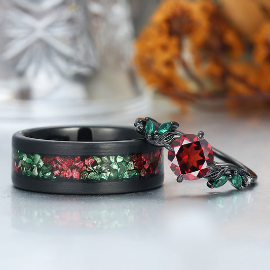 Artistic Red Garnet Textured Branches Couples Ring Set Tungsten His and Hers Wedding Band