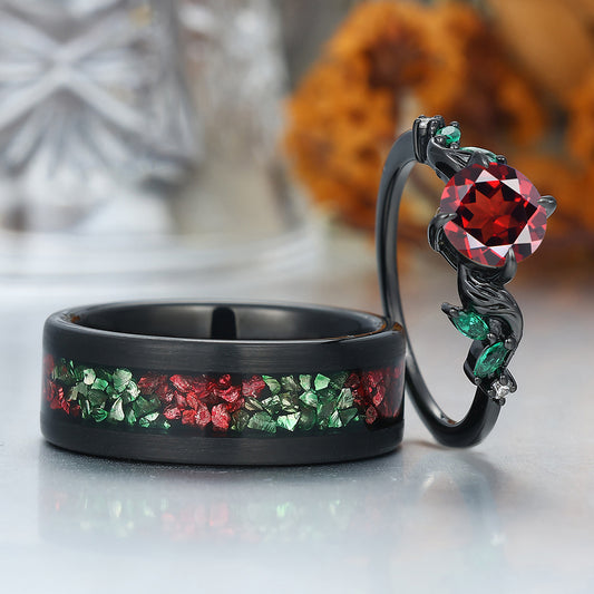 Artistic Red Garnet Textured Branches Couples Ring Set Tungsten His and Hers Wedding Band