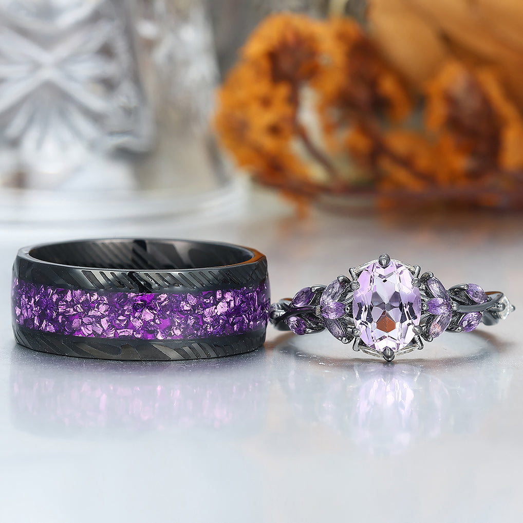 Art Deco Purple Amethyst Engagement Promise Couple Rings His and Hers Wedding Band
