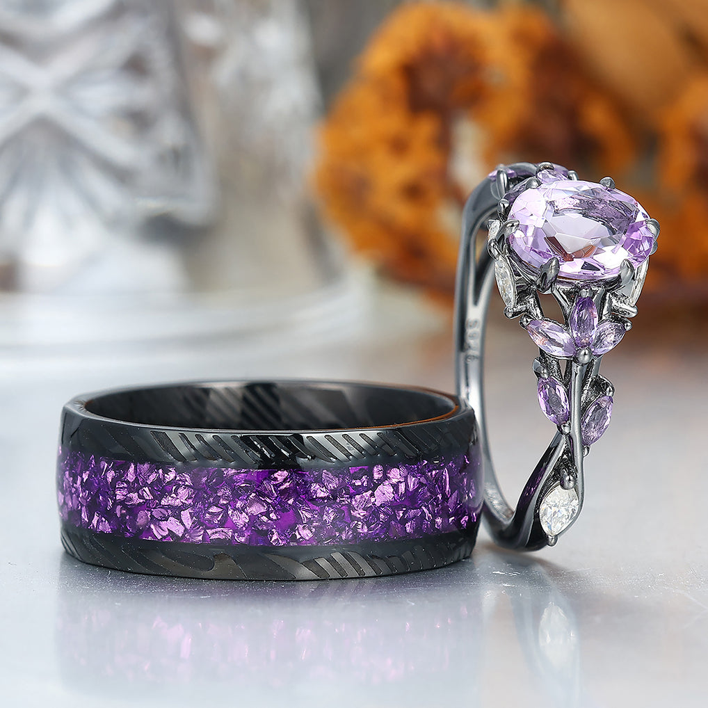 Art Deco Purple Amethyst Engagement Promise Couple Rings His and Hers Wedding Band