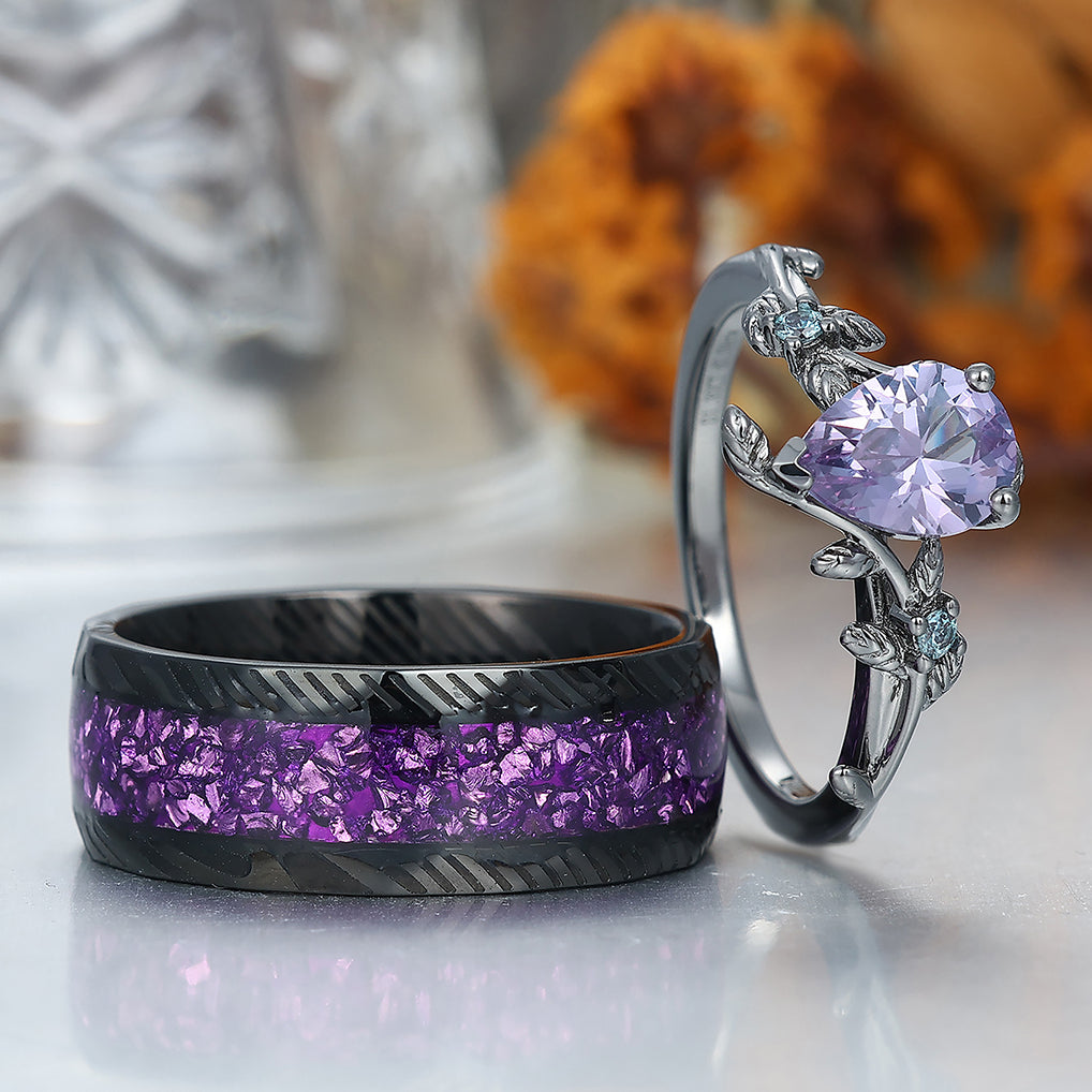 Unique Pear Cut Natural Amethyst Engagement Couples Ring Set For Wedding Gift