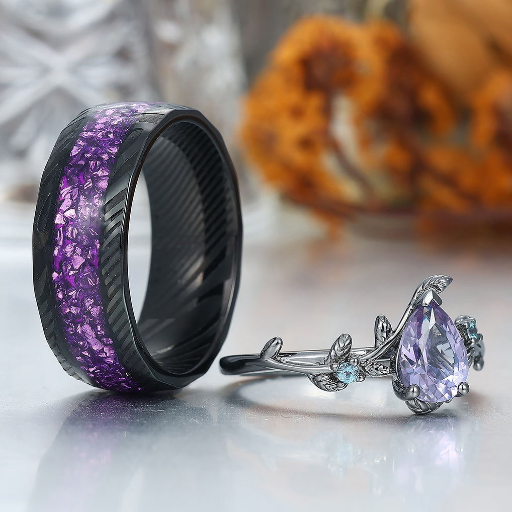 Unique Pear Cut Natural Amethyst Engagement Couples Ring Set For Wedding Gift