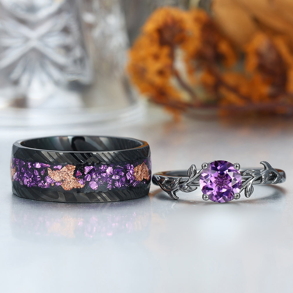 Solitaire Round Cut Amethyst Couples Ring Set Silver And Damascus Steel Matching Ring