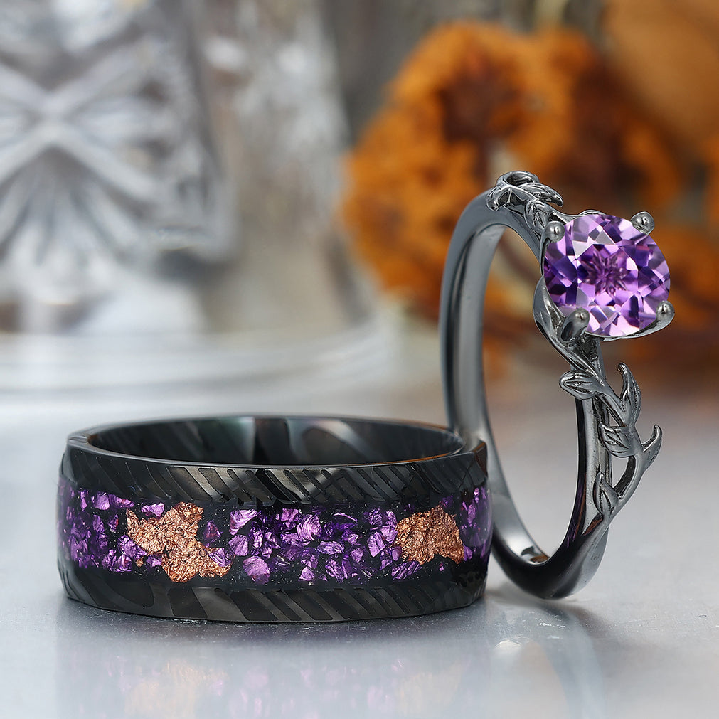 Solitaire Round Cut Amethyst Couples Ring Set Silver And Damascus Steel Matching Ring
