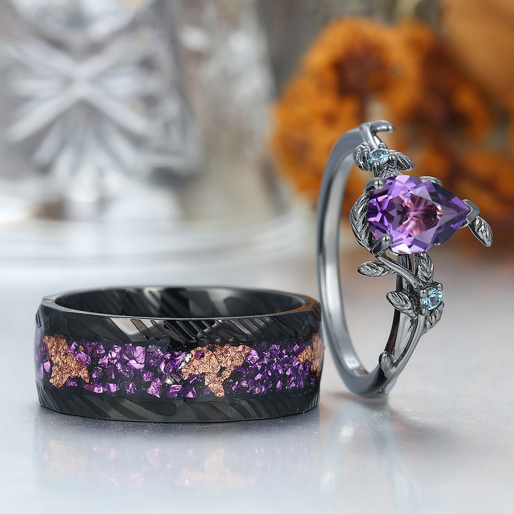 Unique Pear Cut Natural Amethyst Engagement Alexandrite Inlaid Couples Ring Set For Wedding Gift