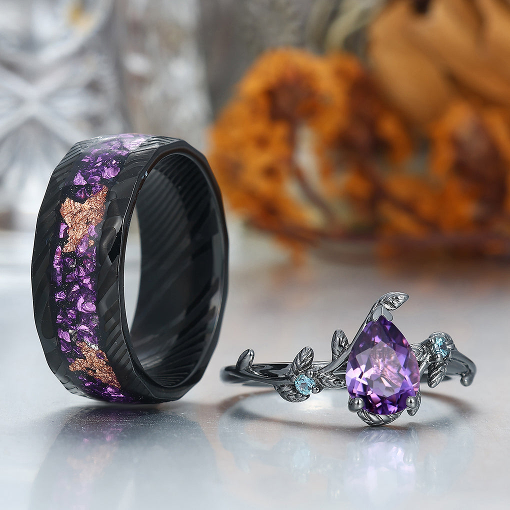Unique Pear Cut Natural Amethyst Engagement Alexandrite Inlaid Couples Ring Set For Wedding Gift