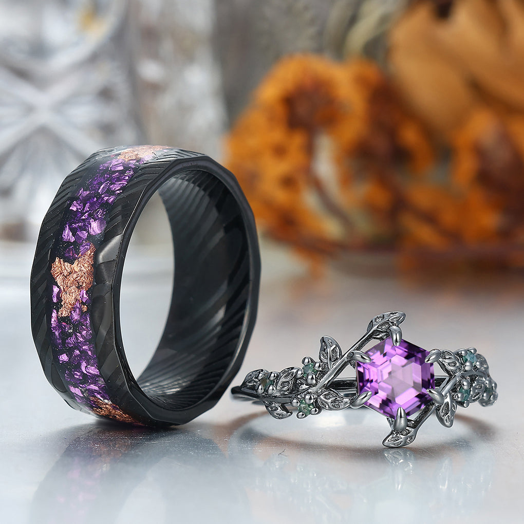 Retro Branches Purple Amethyst Engagement Couples Ring Set Matching Tungsten Promise Wedding Rings