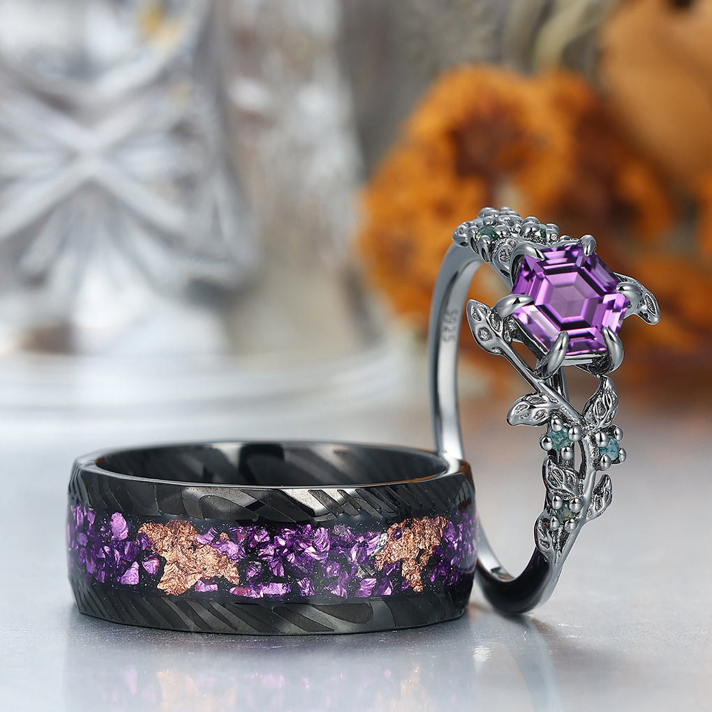 Retro Branches Purple Amethyst Engagement Couples Ring Set Matching Tungsten Promise Wedding Rings