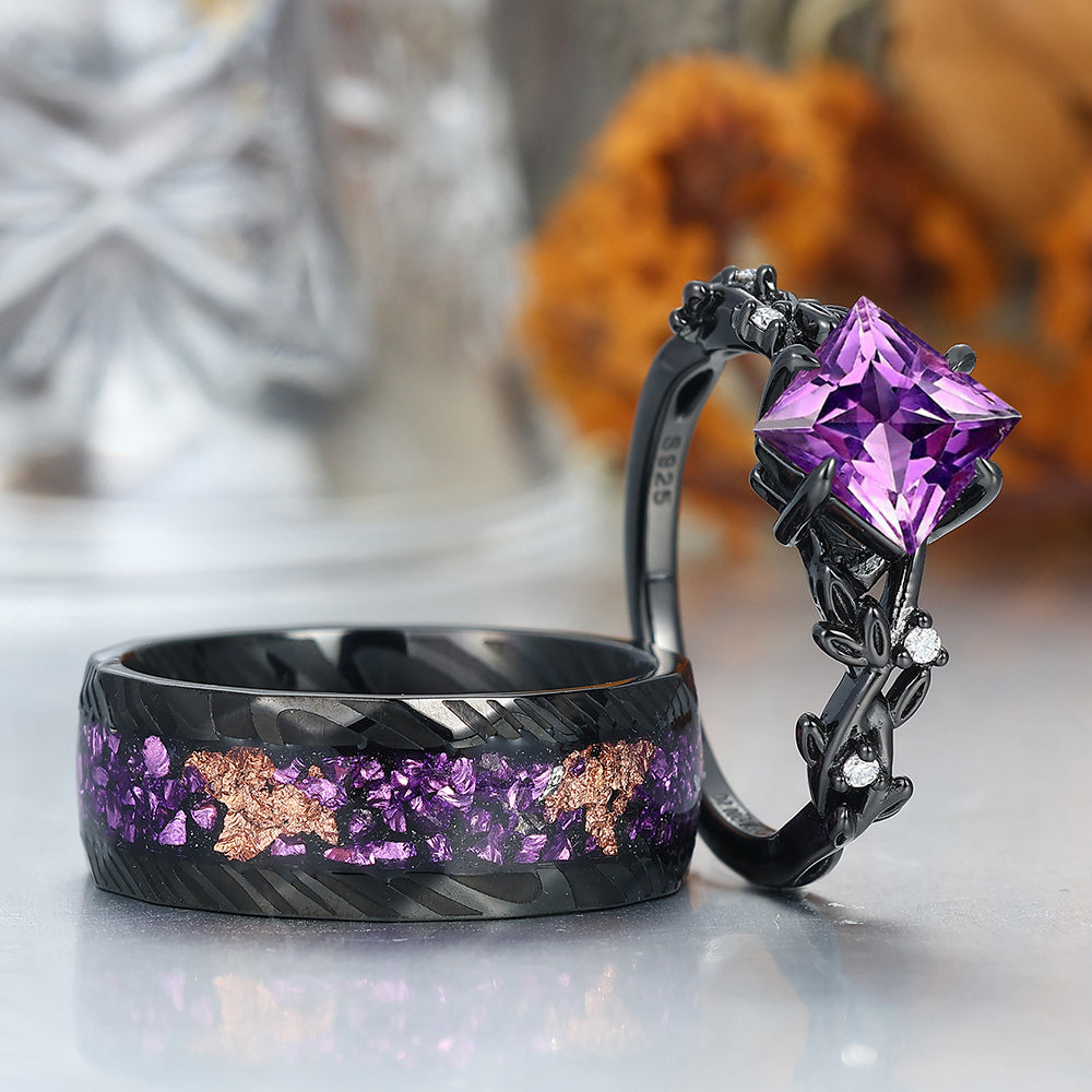 Interlaced Leaf Branches Amethyst Engagement Rings For Couples Matching Purple Damascus Steel Wedding Bands