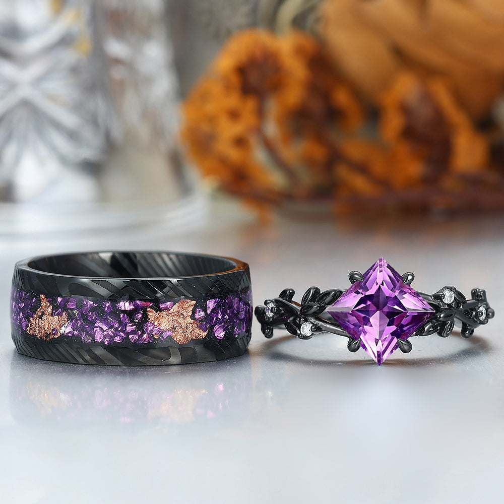 Interlaced Leaf Branches Amethyst Engagement Rings For Couples Matching Purple Damascus Steel Wedding Bands