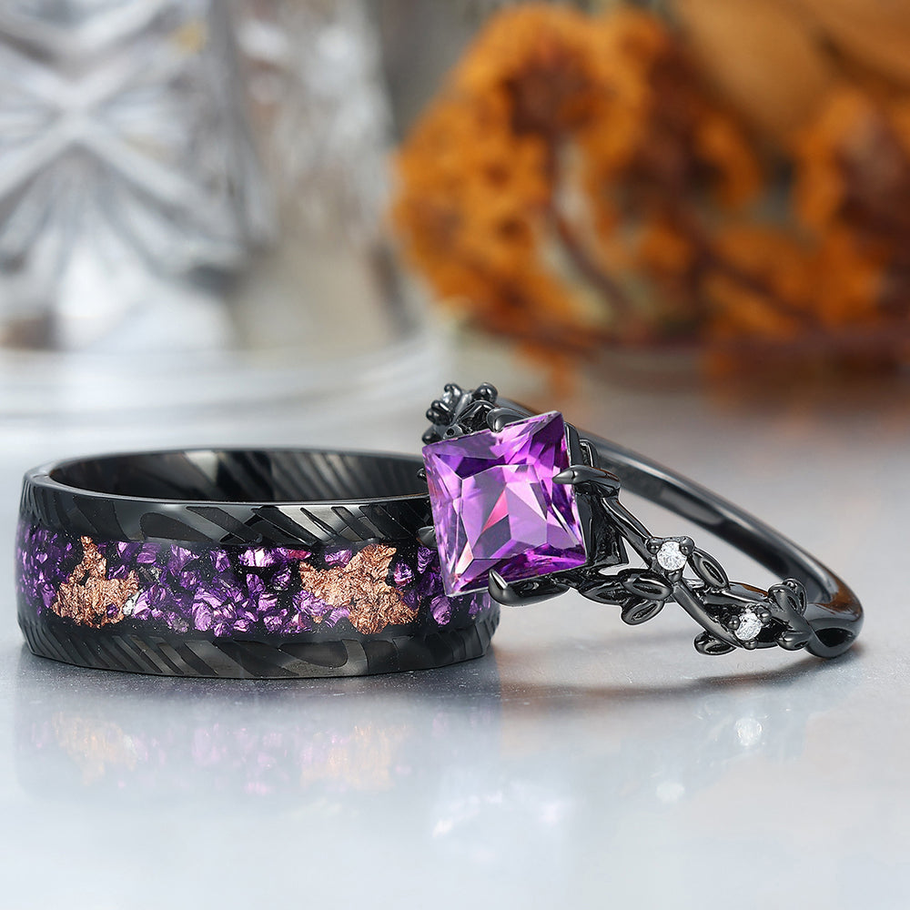 Interlaced Leaf Branches Amethyst Engagement Rings For Couples Matching Purple Damascus Steel Wedding Bands