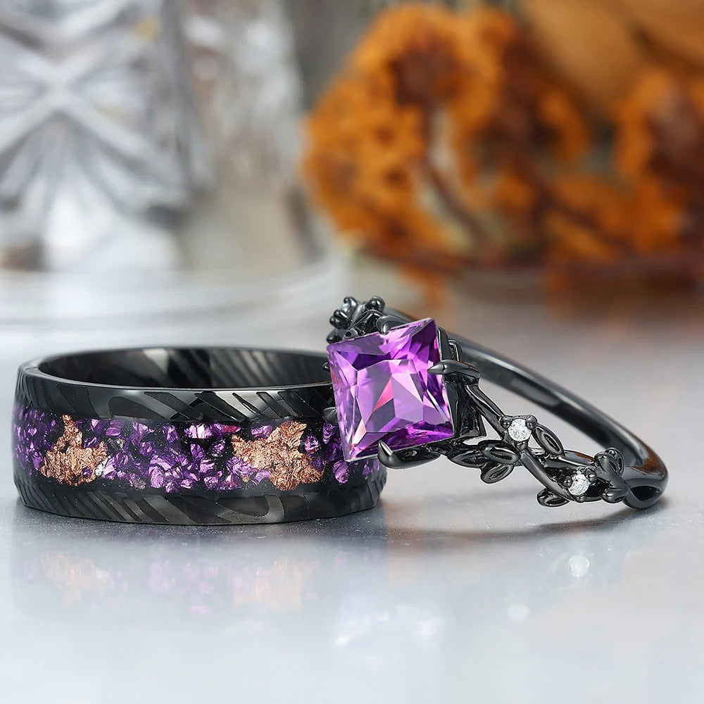 Custom Order - Interlaced Leaf Branches Amethyst Engagement Rings For Couples Matching Purple Damascus Steel Wedding Bands
