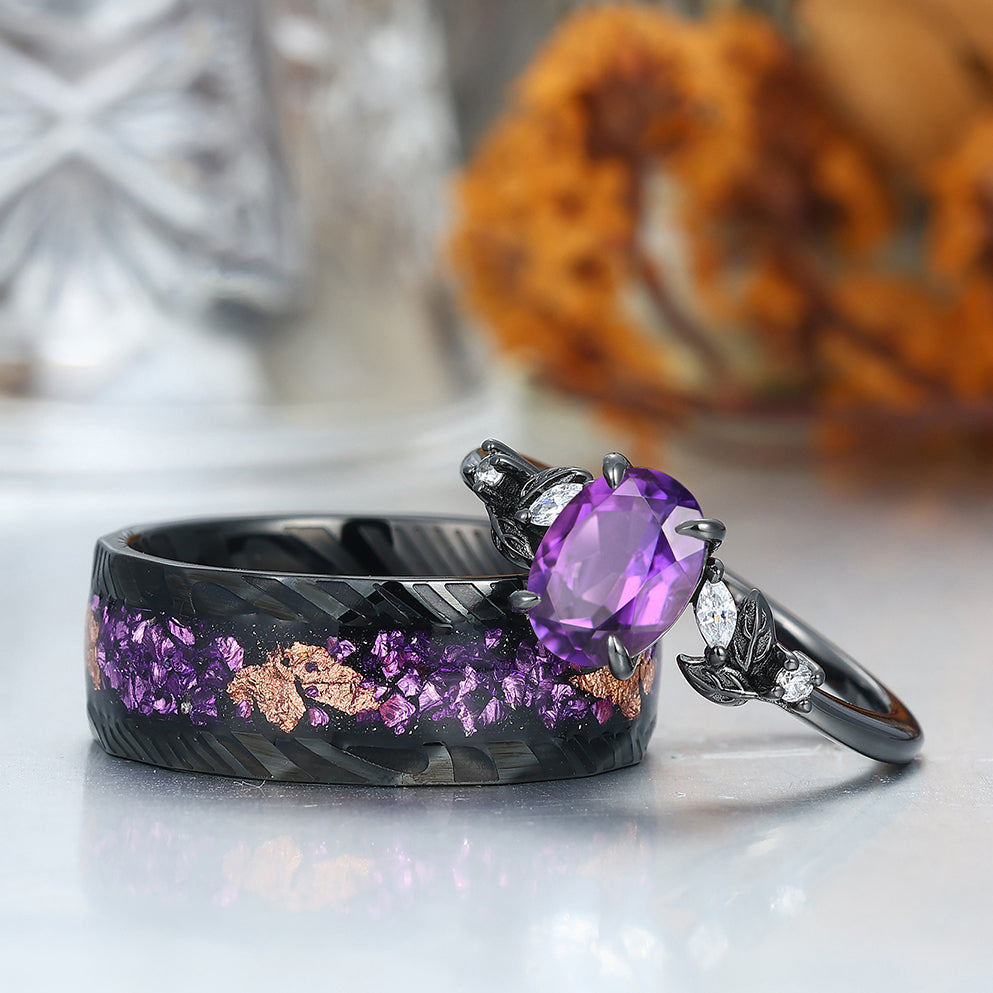 Unique Deep Purple Amethyst Engagement Branches Couples Ring Set Damascus Steel Matching Promise Rings