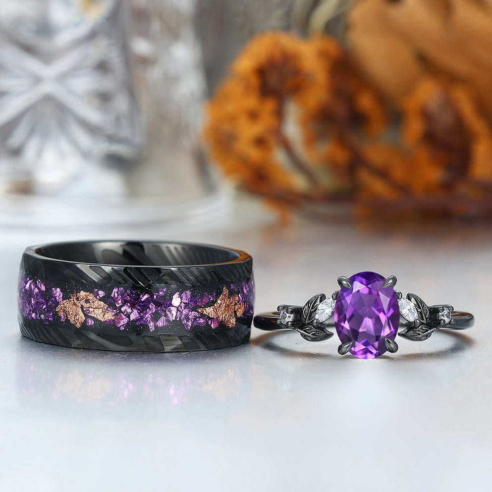 Unique Deep Purple Amethyst Engagement Branches Couples Ring Set Damascus Steel Matching Promise Rings