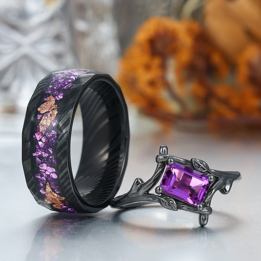 Branch Inspired Amethyst Embracing Engagement Couple Rings Purple His and Hers Ring Set
