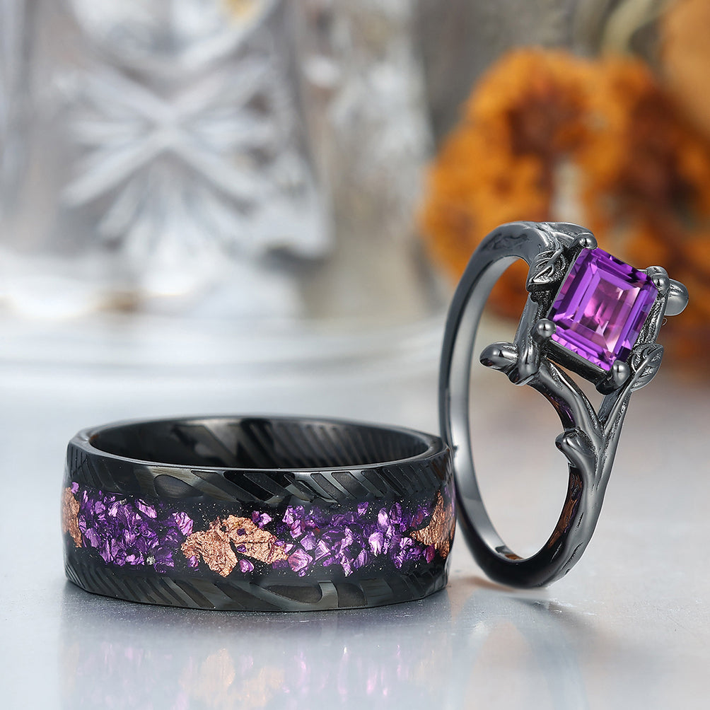 Branch Inspired Amethyst Embracing Engagement Couple Rings Purple His and Hers Ring Set
