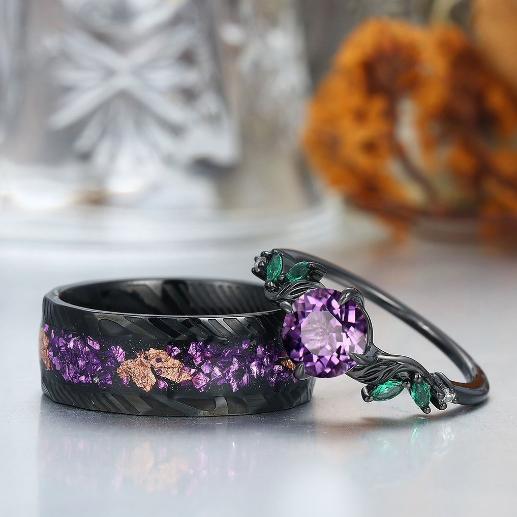 Exquisite Amethyst Leaf Motifs Engagement Couple Rings Promise Matching Crushed Purple Ring