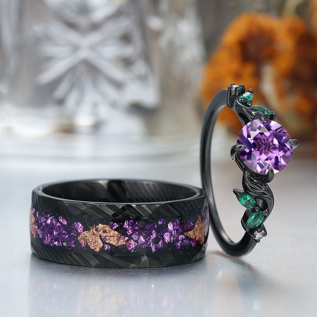 Exquisite Amethyst Leaf Motifs Engagement Couple Rings Promise Matching Crushed Purple Ring