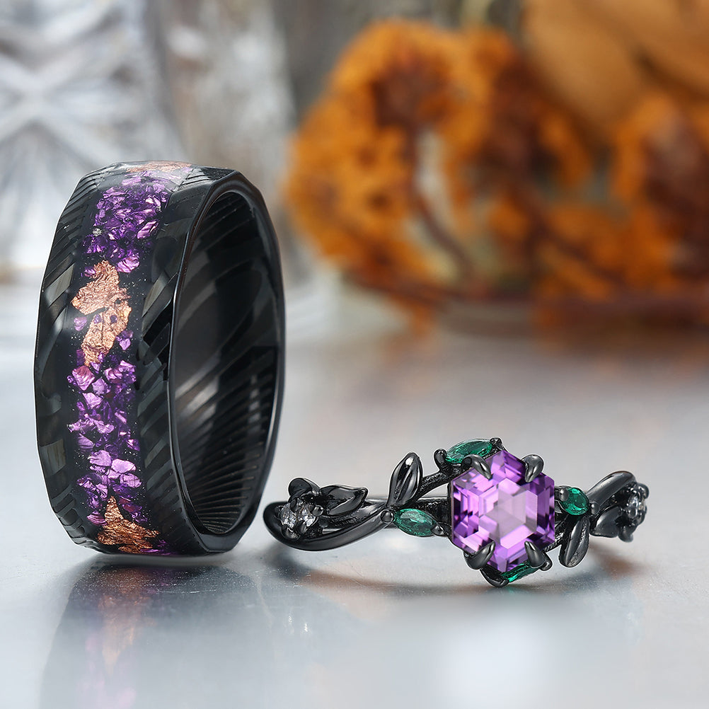 Nature-inspired Design Amethyst Sprig Engagement Rings Set For Couples Matching Promise Rings Couples Set