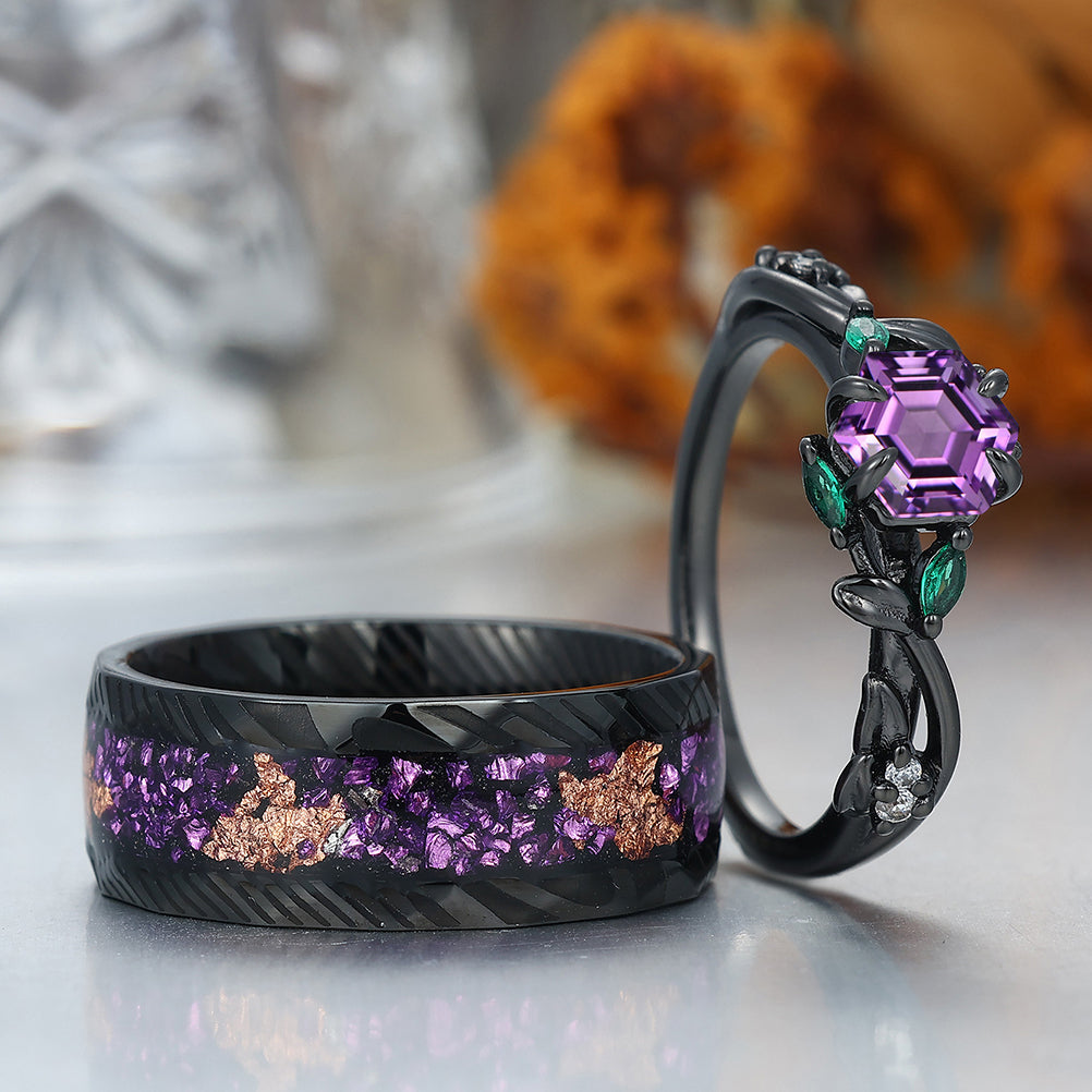Nature-inspired Design Amethyst Sprig Engagement Rings Set For Couples Matching Promise Rings Couples Set