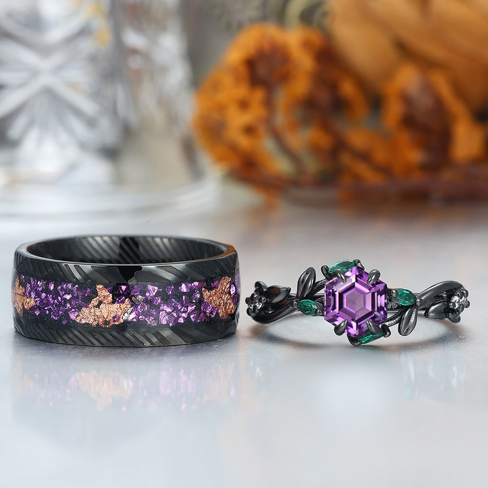 Nature-inspired Design Amethyst Sprig Engagement Rings Set For Couples Matching Promise Rings Couples Set