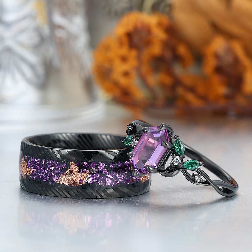 Gorgeous Natural Amethyst Curved Leaf Motifs Couple Rings S925 And Hammered Green Damascus Steel Couples' Set