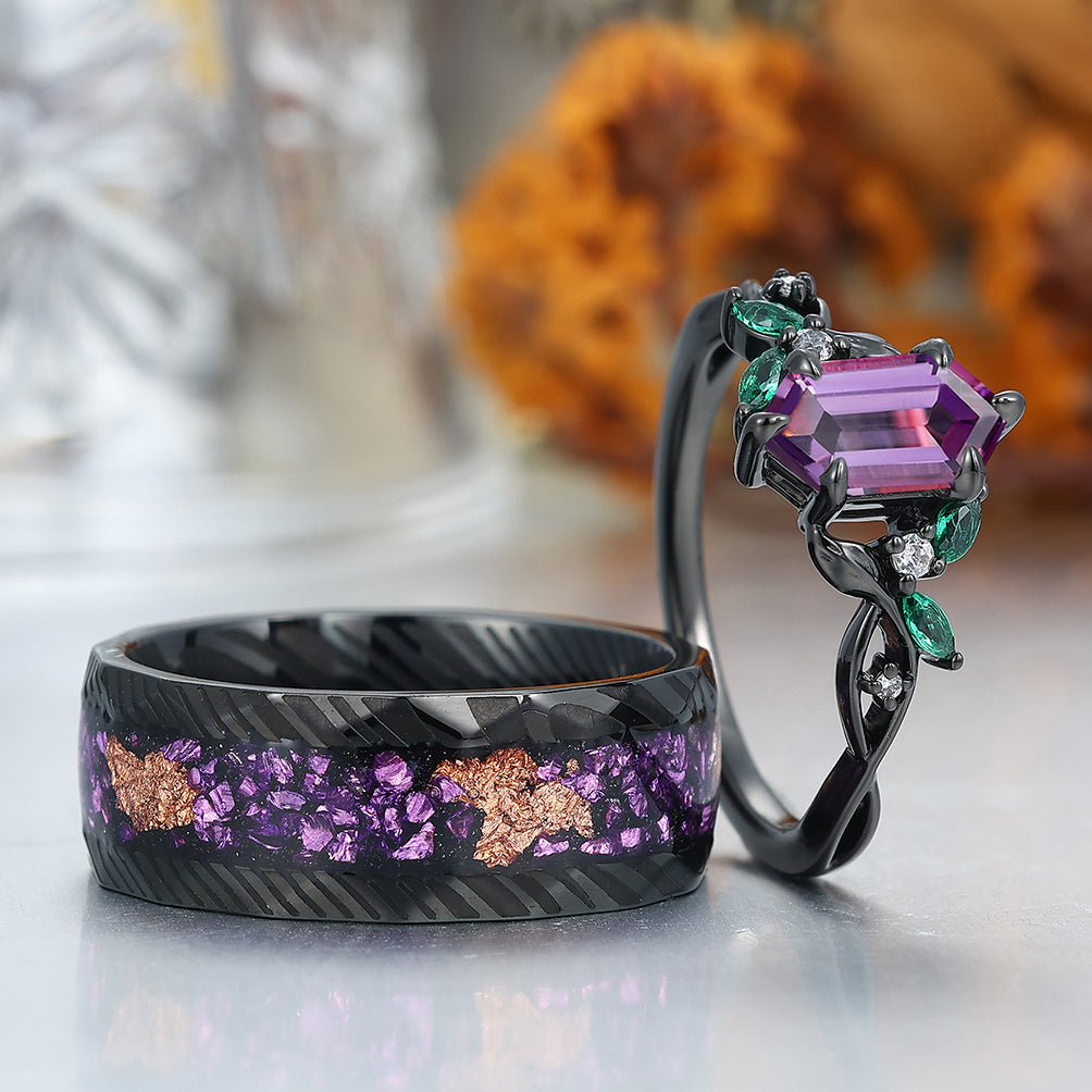 Gorgeous Natural Amethyst Curved Leaf Motifs Couple Rings S925 And Hammered Green Damascus Steel Couples' Set